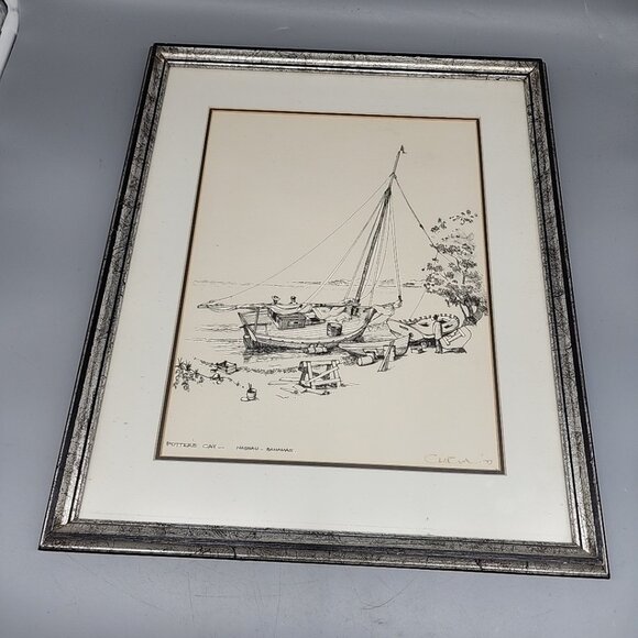 Other - Framed Sketch Pencil Art Potters Cay Nassau Bahamas Signed Sailboat Wall Hanging